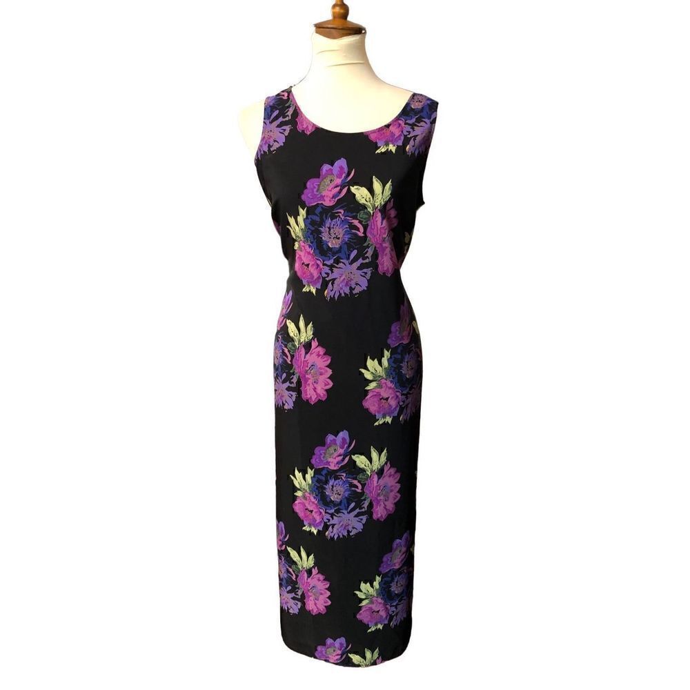 JM Collection black purple floral sheath maxi dress Size M